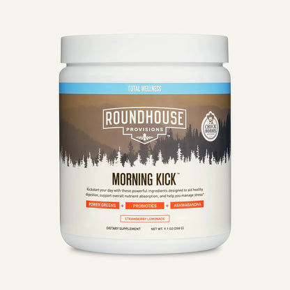 ROUNDHOUSE PROVISION Morning Kick, Zero Sugar Greens Superfood Powder Supplement with Ashwagandha, Collagen, Probiotics, Debloat Drink,  (Strawberry Lemonade) by Chuck Norris