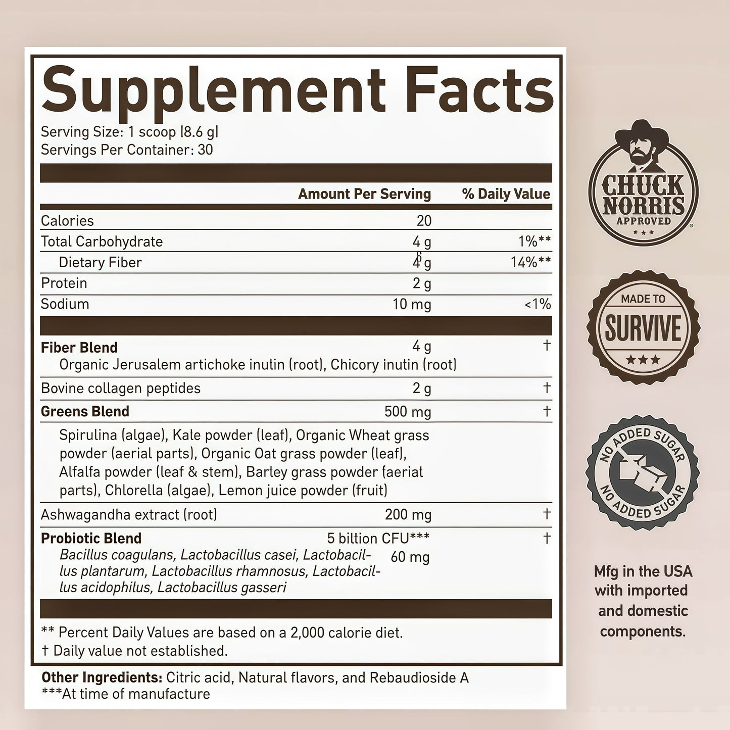 ROUNDHOUSE PROVISION Morning Kick, Zero Sugar Greens Superfood Powder Supplement with Ashwagandha, Collagen, Probiotics, Debloat Drink,  (Strawberry Lemonade) by Chuck Norris